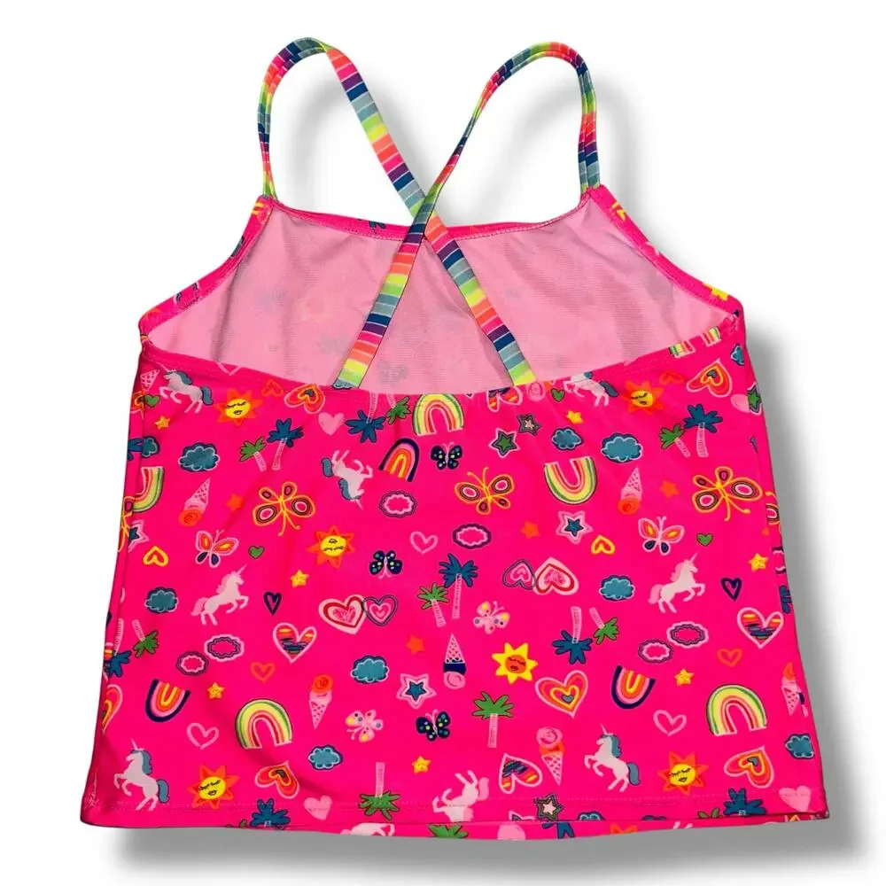 Wonder Nation Girls Tankini Swimsuit 2 Piece Set Rainbow Unicorn Stripes XL